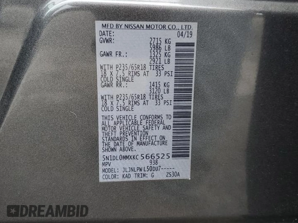 2019 Infiniti QX60 Pure with VIN 5N1DL0MMXKC566525, listed as a Copart auction lot 56960085 with 89,858 mi miles and Salvage title. Bid and sale history available at DreamBid. Image 13.