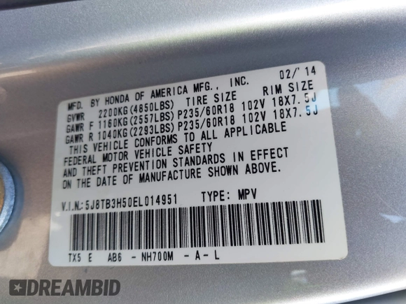 2014 Acura RDX Tech Pkg with VIN 5J8TB3H50EL014951, listed as a IAAI auction lot 41562583 with 129,833 mi miles. Bid and sale history available at carsss.com. Image 9.