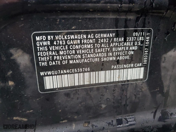 2012 Volkswagen CC VR6 4Motion with VIN WVWGU7AN4CE539766, listed as a Copart auction lot 43251545 with 127,978 mi miles and Salvage Title. Bid and sale history available at carsss.com. Image 12.