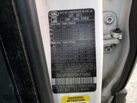 2013 Land Rover Range Rover Evoque Pure Plus z VIN SALVP2BG7DH715655, wystawiony jako Copart lot #64769575 z przebiegiem 106 390 mil mil oraz Szkoda całkowita • Salvage title. Historia ofert i sprzedaży dostępna na DreamBid. Obrazek 13.