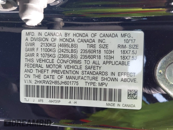 2018 Honda CR-V EX-L with VIN 2HKRW2H85JH601775, listed as a IAAI auction lot 40347116 with 1 mi miles. Bid and sale history available at carsss.com. Image 9.