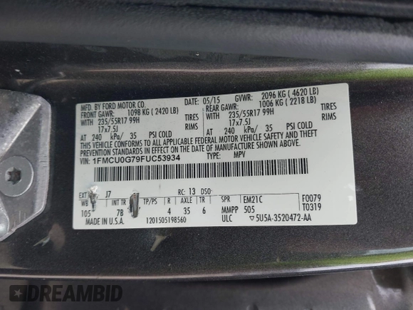2015 Ford Escape SE with VIN 1FMCU0G79FUC53934, listed as a IAAI auction lot 41912831 with 117,197 mi miles. Bid and sale history available at carsss.com. Image 9.