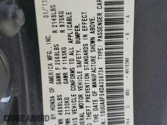 2013 Acura TL Technology z VIN 19UUA8F54DA008734, wystawiony jako Copart lot #54129665 z przebiegiem 109 898 mil mil oraz Szkoda całkowita • Salvage title. Historia ofert i sprzedaży dostępna na DreamBid. Obrazek 12.