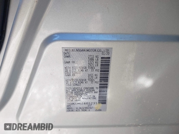 2020 Nissan Pathfinder SL z VIN 5N1DR2CM4LC605235, wystawiony jako IAAI lot #41420503 z przebiegiem Nie podano mil oraz . Historia ofert i sprzedaży dostępna na DreamBid. Obrazek 9.