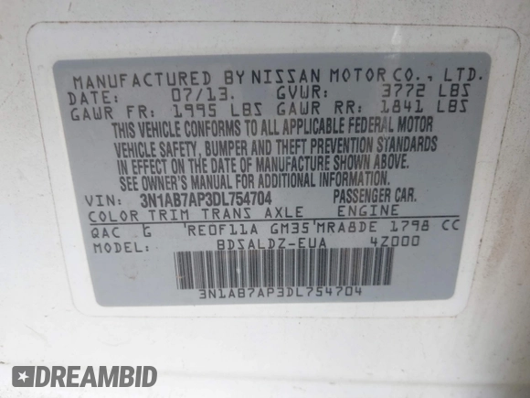 2013 Nissan Sentra SV with VIN 3N1AB7AP3DL754704, listed as a IAAI auction lot 41854355 with 219,696 mi miles and . Bid and sale history available at DreamBid. Image 8.