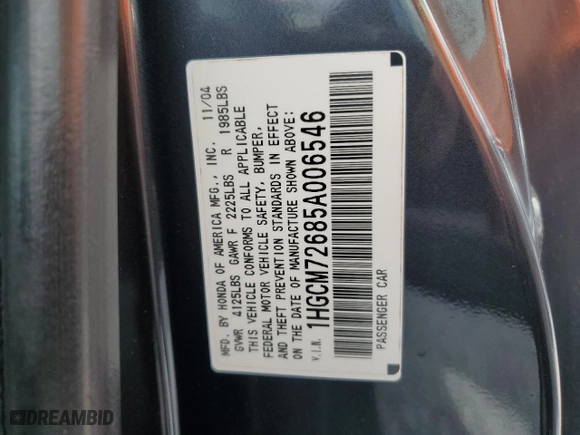 2005 Honda Accord Cpe EX-L with VIN 1HGCM72685A006546, listed as a Copart auction lot 46647095 with 194,173 mi miles and Salvage Title. Bid and sale history available at carsss.com. Image 14.