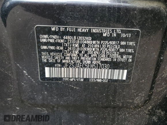 2014 Subaru Forester Premium with VIN JF2SJAEC5EH517030, listed as a Copart auction lot 63153595 with 211,242 mi miles and Salvage title. Bid and sale history available at DreamBid. Image 13.