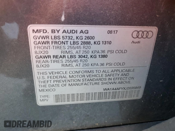 2018 Audi SQ5 Premium Plus with VIN WA1A4AFYXJ2035849, listed as a Copart auction lot 69741983 with 53,505 mi miles and . Bid and sale history available at DreamBid. Image 13.