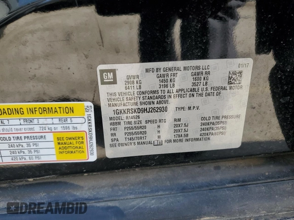 2017 GMC Acadia Limited with VIN 1GKKRSKD9HJ262930, listed as a Copart auction lot 52297355 with 104,795 mi miles and Salvage title. Bid and sale history available at DreamBid. Image 13.