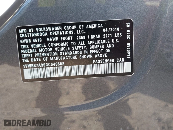 2016 Volkswagen Passat SE z VIN 1VWBS7A39GC048588, wystawiony jako IAAI lot #42024717 z przebiegiem 94 626 mil mil oraz . Historia ofert i sprzedaży dostępna na DreamBid. Obrazek 9.