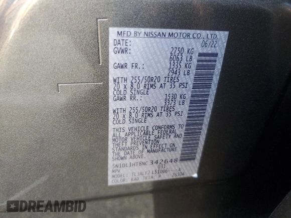 2022 Infiniti QX60 Autograph with VIN 5N1DL1HT8NC342648, listed as a Copart auction lot 83651624 with Not provided miles and Salvage title. Bid and sale history available at DreamBid. Image 16.