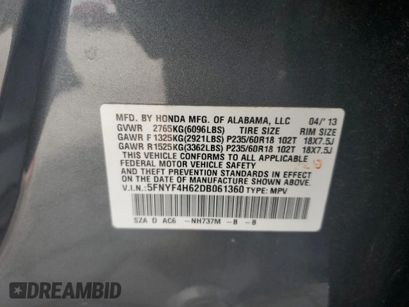2013 Honda Pilot EX-L with VIN 5FNYF4H62DB061360, listed as a Copart auction lot 64171285 with 115,185 mi miles and Salvage title. Bid and sale history available at DreamBid. Image 12.