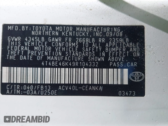 2009 Toyota Camry with VIN 4T4BE46K49R104332, listed as a IAAI auction lot 41993361 with 34,703 mi miles and . Bid and sale history available at DreamBid. Image 9.