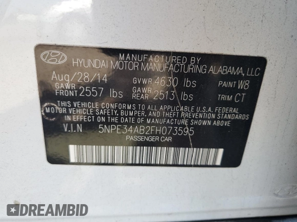 2015 Hyundai Sonata Sport with VIN 5NPE34AB2FH073595, listed as a Copart auction lot 53607015 with 281,337 mi miles and Salvage Title. Bid and sale history available at carsss.com. Image 13.
