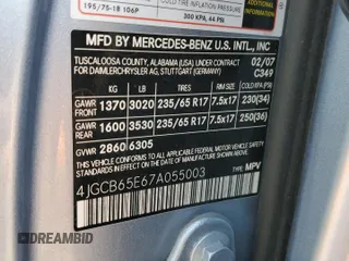 2007 Mercedes-Benz R 3.5L with VIN 4JGCB65E67A055003, listed as a Copart auction lot 41479625 with 170,551 mi miles and Salvage Title. Bid and sale history available at DreamBid. Image 13.
