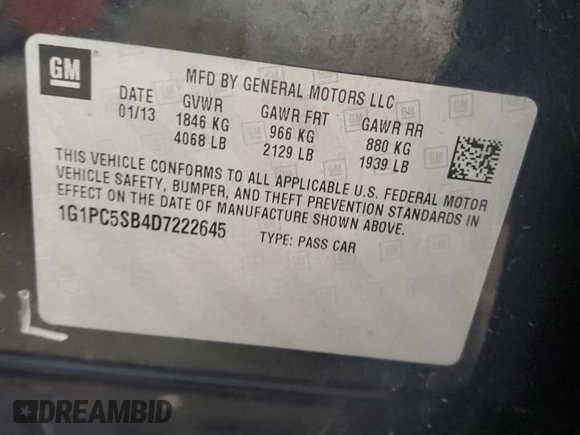 2013 Chevrolet Cruze 1LT with VIN 1G1PC5SB4D7222645, listed as a Copart auction lot 54987835 with 169,286 mi miles and Clean Title. Bid and sale history available at DreamBid. Image 12.