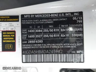2013 Mercedes-Benz M-Class ML 350 with VIN 4JGDA5HB8DA245982, listed as a IAAI auction lot 41326668 with 112,992 mi miles. Bid and sale history available at carsss.com. Image 9.