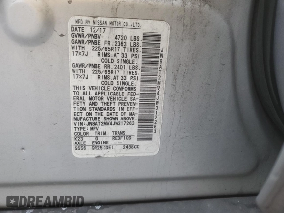 2018 Nissan Rogue SV with VIN JN8AT2MV4JW317263, listed as a Copart auction lot 45039045 with 124,579 mi miles and Salvage Title. Bid and sale history available at carsss.com. Image 15.