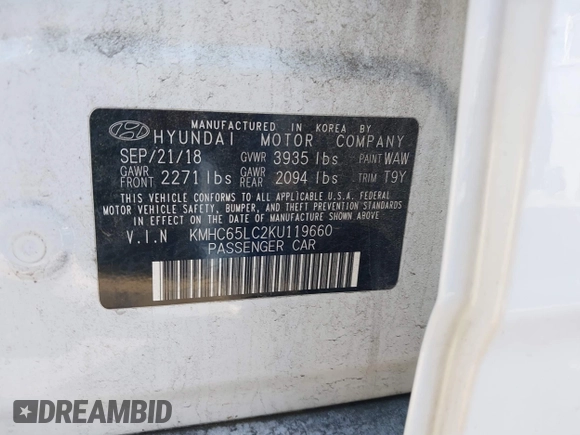 2019 Hyundai Ioniq Blue with VIN KMHC65LC2KU119660, listed as a IAAI auction lot 41710680 with 123,480 mi miles and . Bid and sale history available at DreamBid. Image 9.