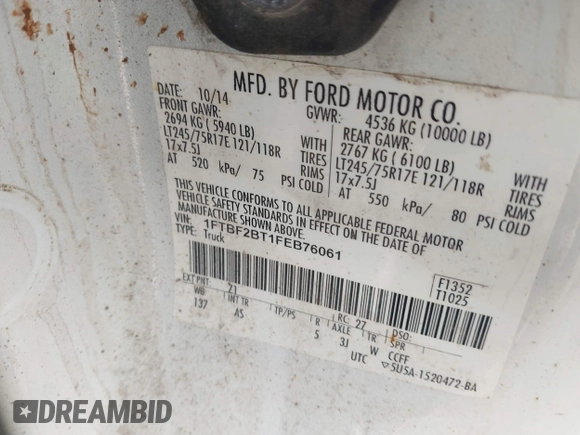 2015 Ford F-250 XLT with VIN 1FTBF2BT1FEB76061, listed as a IAAI auction lot 41500598 with 256,547 mi miles and . Bid and sale history available at DreamBid. Image 9.