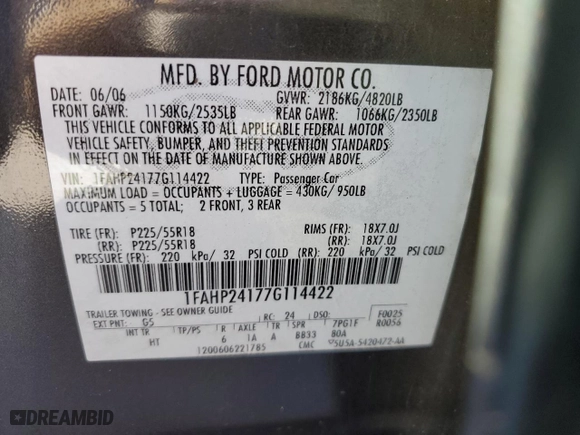 2007 Ford Five Hundred SEL with VIN 1FAHP24177G114422, listed as a Copart auction lot 77028184 with 0 mi miles and Salvage Title. Bid and sale history available at carsss.com. Image 12.