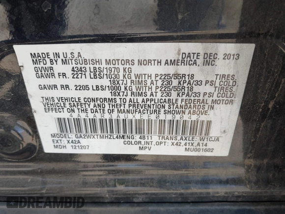 2014 Mitsubishi Outlander Sport ES with VIN 4A4AR3AUXEE019042, listed as a IAAI auction lot 42053509 with 133,760 mi miles. Bid and sale history available at carsss.com. Image 9.