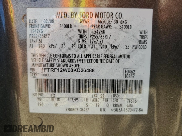2008 Ford F-150 XL with VIN 1FTRF12W08KD26488, listed as a Copart auction lot 49128095 with 129,860 mi miles and Salvage title. Bid and sale history available at DreamBid. Image 13.