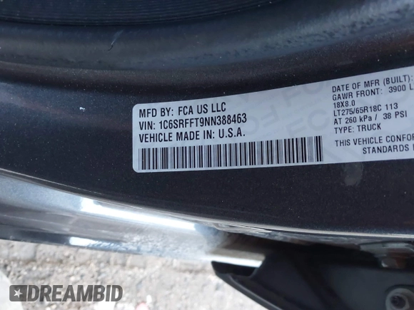 2022 Ram 1500 Big Horn with VIN 1C6SRFFT9NN388463, listed as a IAAI auction lot 41092683 with 225,407 mi miles and . Bid and sale history available at DreamBid. Image 9.