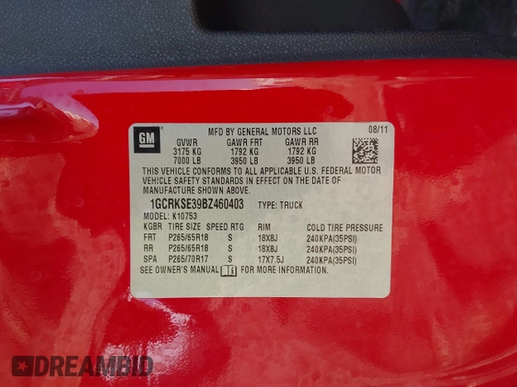 2011 Chevrolet Silverado 1500 LT with VIN 1GCRKSE39BZ460403, listed as a IAAI auction lot 41797797 with 159,608 mi miles and . Bid and sale history available at DreamBid. Image 9.