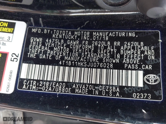2018 Toyota Camry LE with VIN 4T1B11HK5JU076028, listed as a IAAI auction lot 41989266 with 215,235 mi miles. Bid and sale history available at carsss.com. Image 9.
