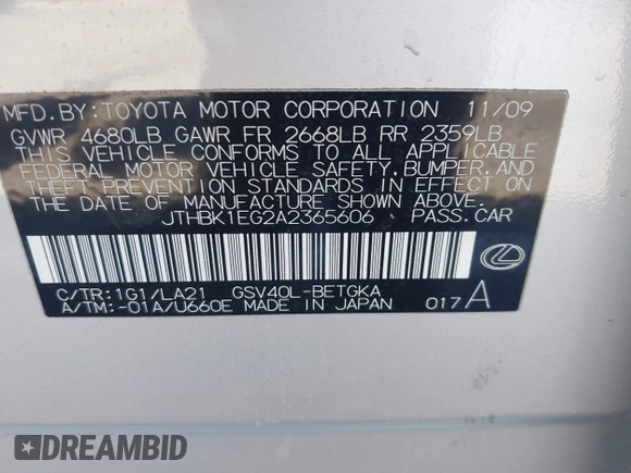 2010 Lexus ES 330 with VIN JTHBK1EG2A2365606, listed as a IAAI auction lot 41998310 with 83,961 mi miles and . Bid and sale history available at DreamBid. Image 9.