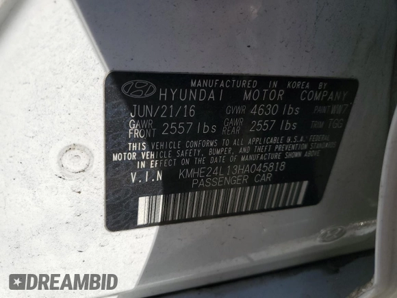 2017 Hyundai Sonata Hybrid SE with VIN KMHE24L13HA045818, listed as a Copart auction lot 41000244 with 95,186 mi miles. Bid and sale history available at carsss.com. Image 12.