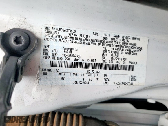 2016 Ford Focus SE with VIN 1FADP3F29GL259317, listed as a Copart auction lot 62646685 with 100,523 mi miles and Salvage title. Bid and sale history available at DreamBid. Image 13.