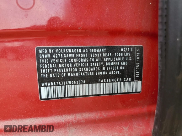 2012 Volkswagen Golf w/Conv с VIN WVWDB7AJ2CW052078, выставлен на аукционе Copart как лот 54366405 с пробегом 120 197 миль миль и Списание • Salvage title. История ставок и продаж доступна на DreamBid. Изображение 12.