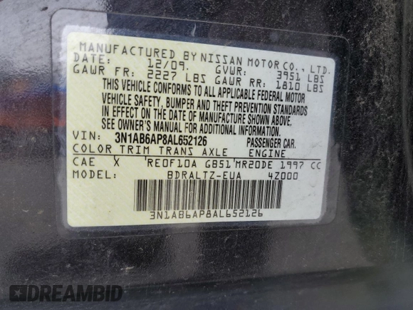 2010 Nissan Sentra S with VIN 3N1AB6AP8AL652126, listed as a Copart auction lot 54216485 with 249,769 mi miles and Salvage Title. Bid and sale history available at carsss.com. Image 12.