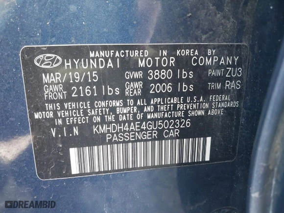 2016 Hyundai Elantra SE with VIN KMHDH4AE4GU502326, listed as a IAAI auction lot 41508061 with 109,661 mi miles. Bid and sale history available at carsss.com. Image 9.