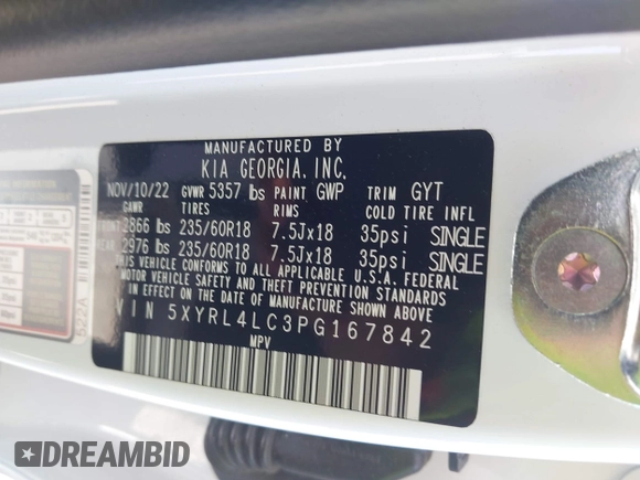 2023 Kia Sorento S with VIN 5XYRL4LC3PG167842, listed as a IAAI auction lot 42460768 with 33,359 mi miles and . Bid and sale history available at DreamBid. Image 9.