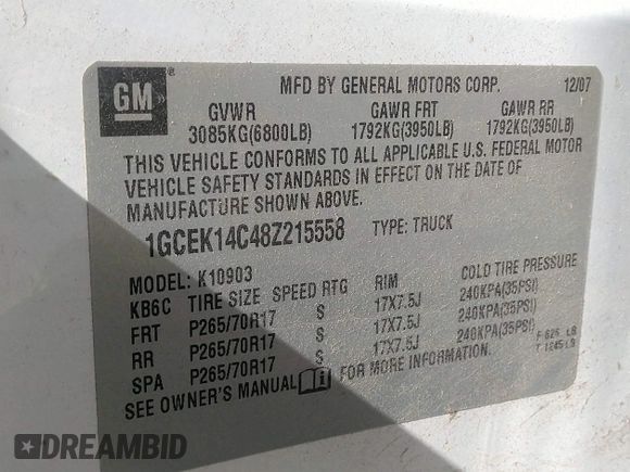2008 Chevrolet Silverado 1500 Work Truck with VIN 1GCEK14C48Z215558, listed as a IAAI auction lot 41947700 with 147,591 mi miles. Bid and sale history available at carsss.com. Image 9.