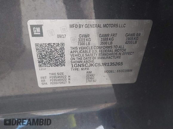 2018 Chevrolet Suburban Premier with VIN 1GNSCJKC5JR135265, listed as a IAAI auction lot 42028935 with 136,382 mi miles and . Bid and sale history available at DreamBid. Image 9.