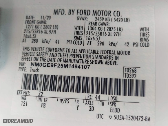 2021 Ford Transit Connect Wagon XLT with VIN NM0GE9F25M1494107, listed as a IAAI auction lot 41737018 with NaN miles. Bid and sale history available at carsss.com. Image 8.