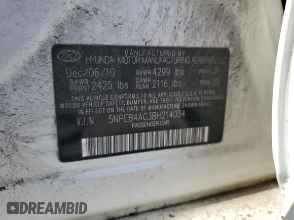 2011 Hyundai Sonata GLS with VIN 5NPEB4AC3BH214034, listed as a Copart auction lot 55928065 with Not Provided miles and Clean Title. Bid and sale history available at DreamBid. Image 12.
