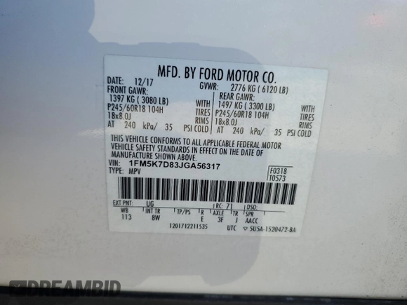2018 Ford Explorer XLT с VIN 1FM5K7D83JGA56317, выставлен на аукционе Copart как лот 63529225 с пробегом 56 975 миль миль и Списание • Salvage title. История ставок и продаж доступна на DreamBid. Изображение 13.