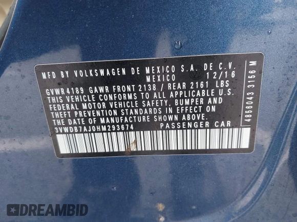 2017 Volkswagen Jetta SE with VIN 3VWDB7AJ0HM293674, listed as a IAAI auction lot 42457531 with 74,109 mi miles and . Bid and sale history available at DreamBid. Image 9.