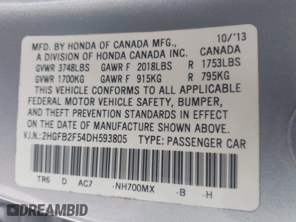 2013 Honda Civic LX with VIN 2HGFB2F54DH593805, listed as a IAAI auction lot 41561436 with 139,651 mi miles and . Bid and sale history available at DreamBid. Image 9.