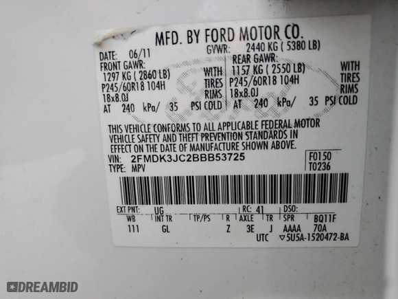 2011 Ford Edge SEL with VIN 2FMDK3JC2BBB53725, listed as a Copart auction lot 51054175 with 117,145 mi miles and Salvage Title. Bid and sale history available at carsss.com. Image 13.