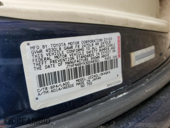 2003 Lexus SC 430 with VIN JTHFN48YX30048301, listed as a Copart auction lot 78778544 with 153,872 mi miles and Salvage Title. Bid and sale history available at DreamBid. Image 13.