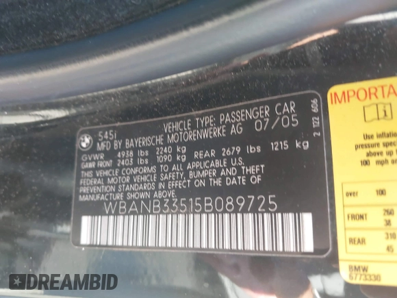 2005 BMW 5 Series 545i with VIN WBANB33515B089725, listed as a IAAI auction lot 41504335 with 117,657 mi miles and . Bid and sale history available at carsss.com. Image 9.
