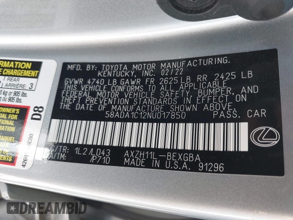 2022 Lexus ES 300h with VIN 58ADA1C12NU017850, listed as a IAAI auction lot 42439875 with 49,634 mi miles and . Bid and sale history available at DreamBid. Image 9.