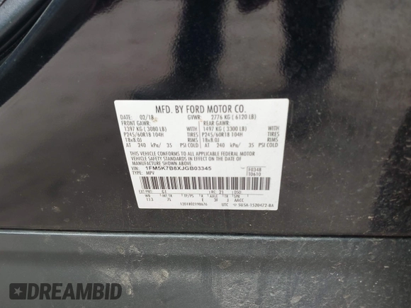 2018 Ford Explorer with VIN 1FM5K7B8XJGB03345, listed as a IAAI auction lot 42420992 with 215,000 mi miles and . Bid and sale history available at DreamBid. Image 9.