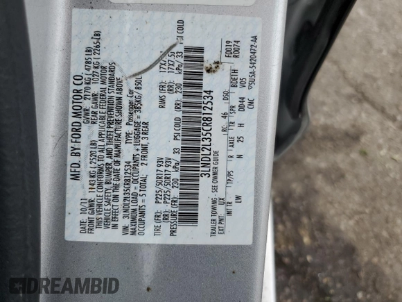 2012 Lincoln MKZ Hybrid with VIN 3LNDL2L35CR812534, listed as a Copart auction lot 61054885 with 134,317 mi miles and Salvage title. Bid and sale history available at DreamBid. Image 12.